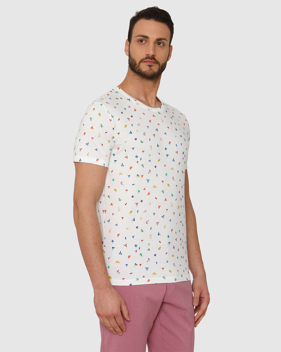 White All Over Bird Graphic Print Crew Neck T-Shirt