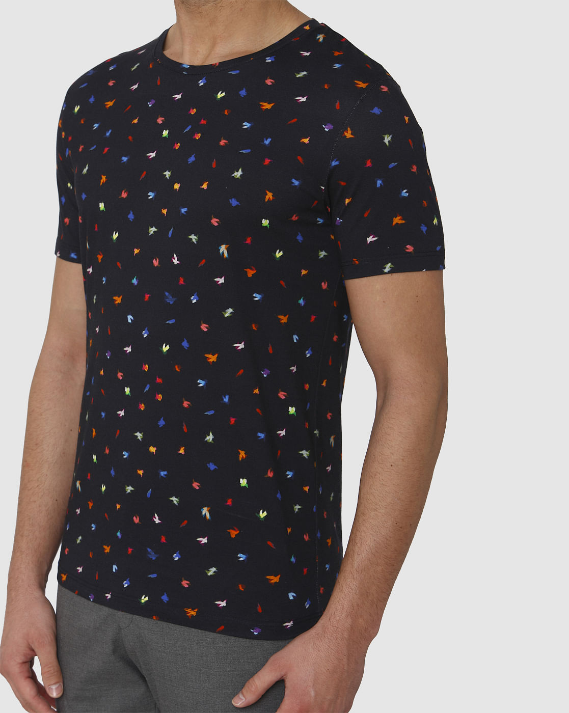 Blue All Over Bird Graphic Print Crew Neck T-Shirt