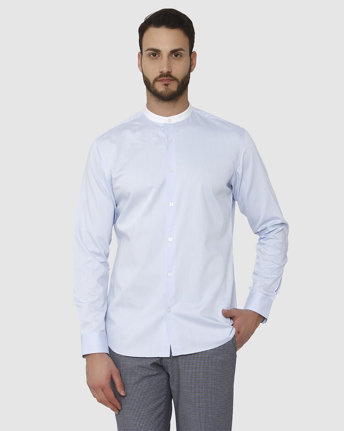 Light Blue Contrast Collar Detail Slim Fit Full Sleeves Shirt