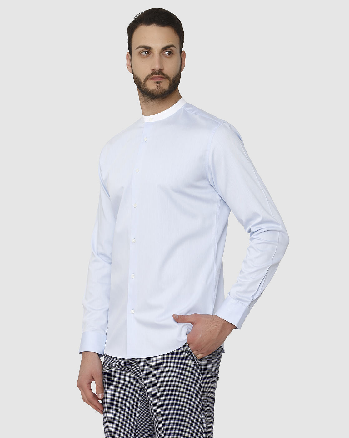Light Blue Contrast Collar Detail Slim Fit Full Sleeves Shirt