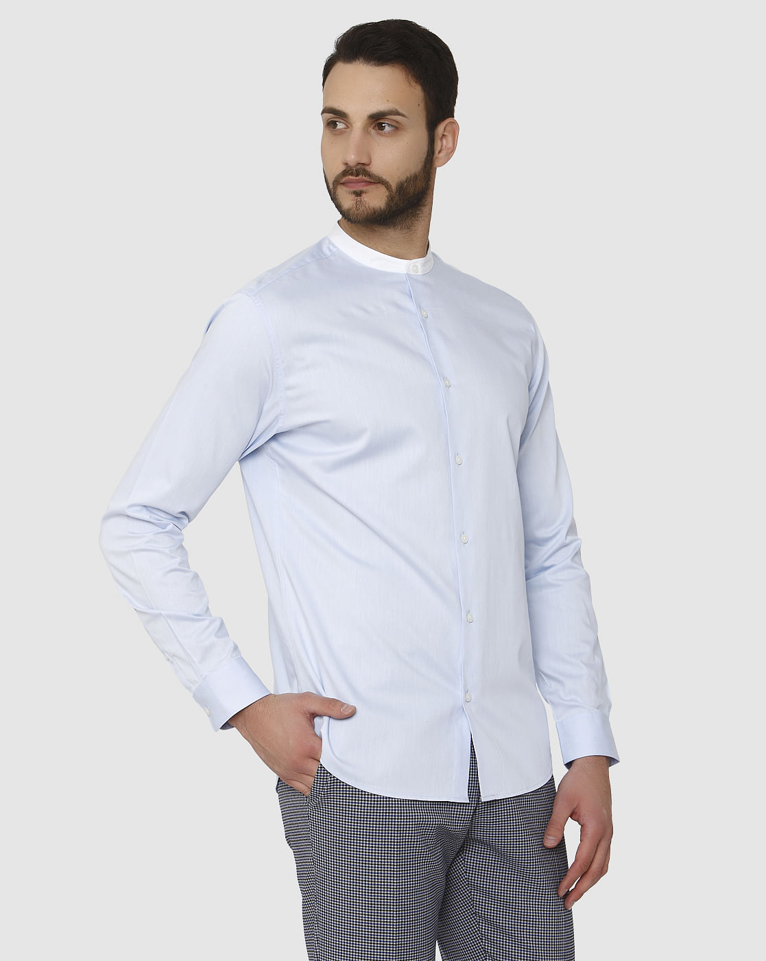 Light Blue Contrast Collar Detail Slim Fit Full Sleeves Shirt