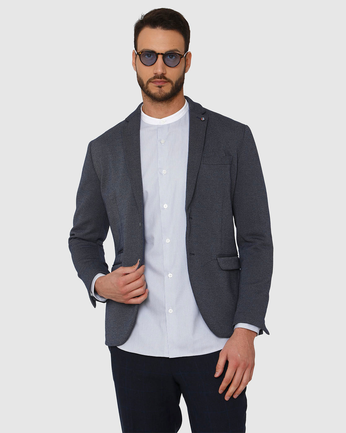 Light Blue Striped Contrast Collar Detail Slim Fit Full Sleeves Formal Shirt