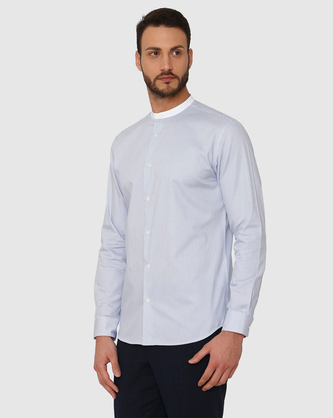 Light Blue Striped Contrast Collar Detail Slim Fit Full Sleeves Formal Shirt