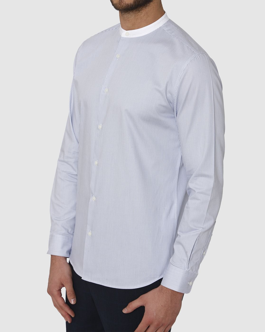 Light Blue Striped Contrast Collar Detail Slim Fit Full Sleeves Formal Shirt