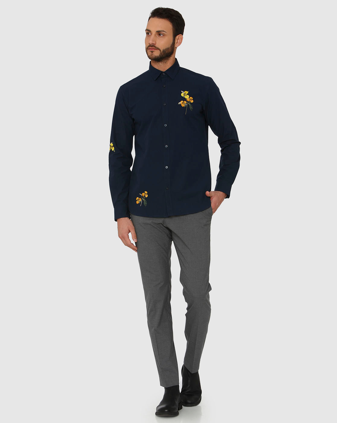 Blue Floral Embroidered Full Sleeves Shirt