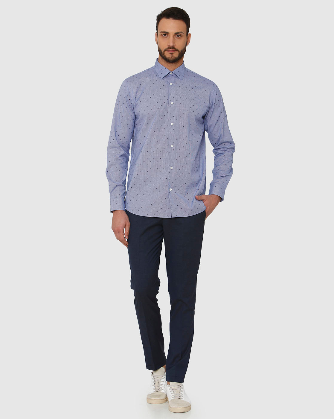 Blue All Over Dotted Print Regular Fit Full Sleeves Formal Shirt