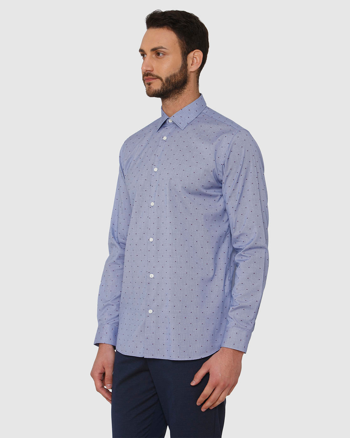 Blue All Over Dotted Print Regular Fit Full Sleeves Formal Shirt