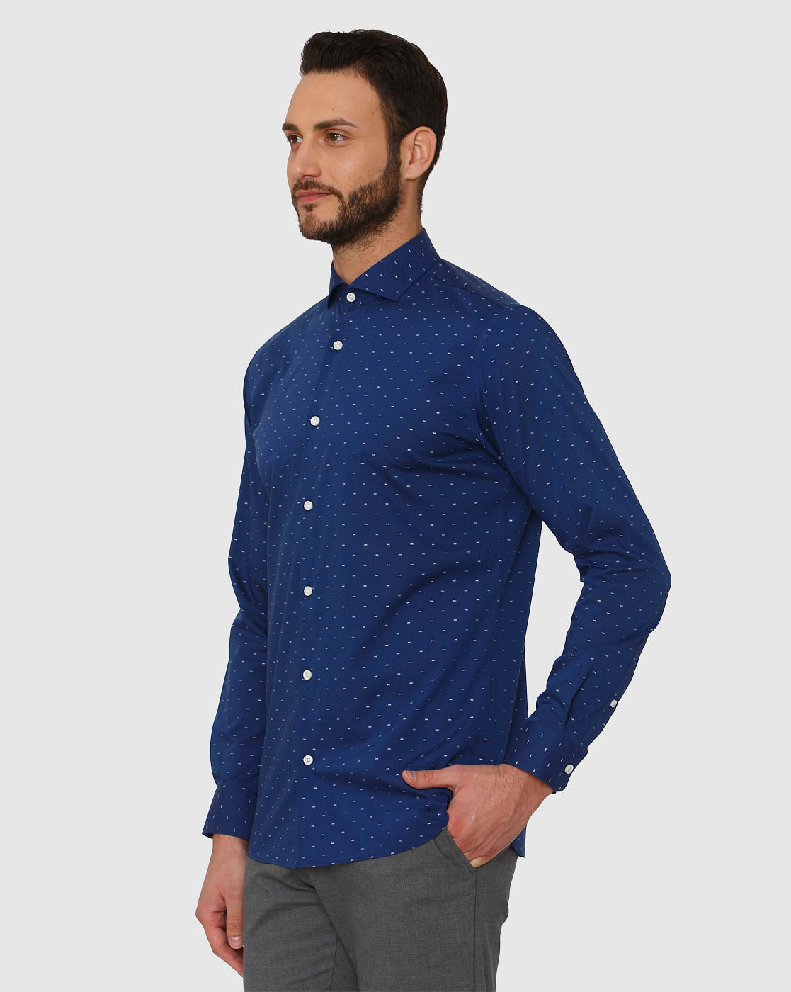 Blue All Over Dotted Print Regular Fit Full Sleeves Shirt