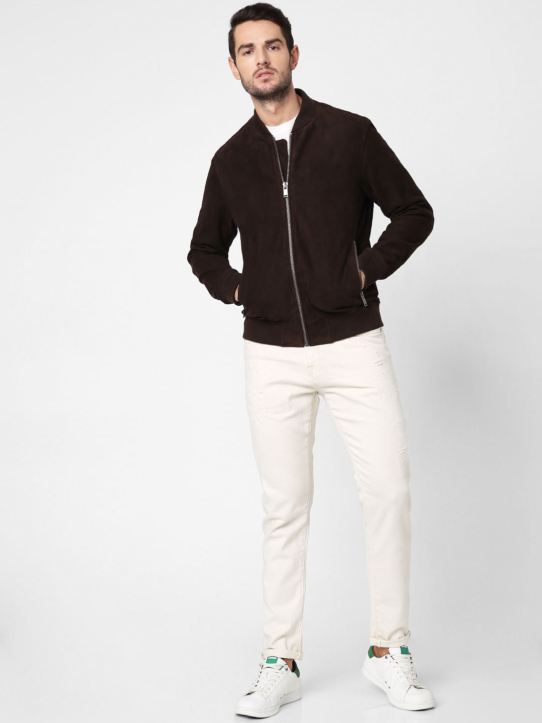 Dark Brown Suede Bomber Jacket