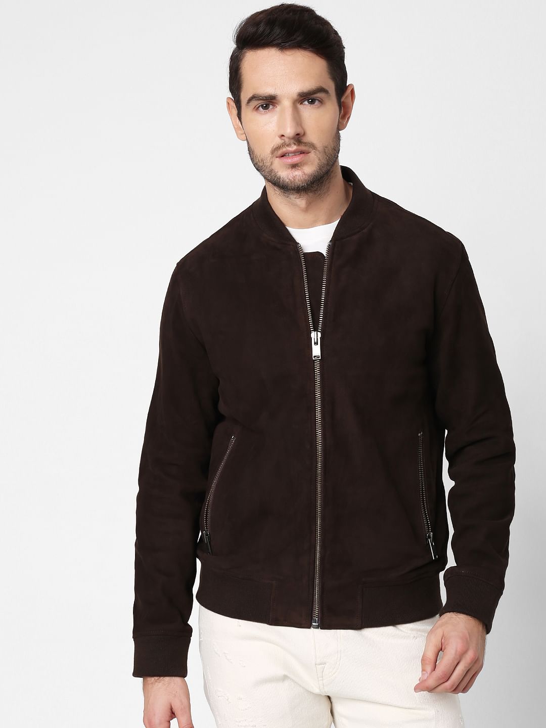 Dark Brown Suede Bomber Jacket