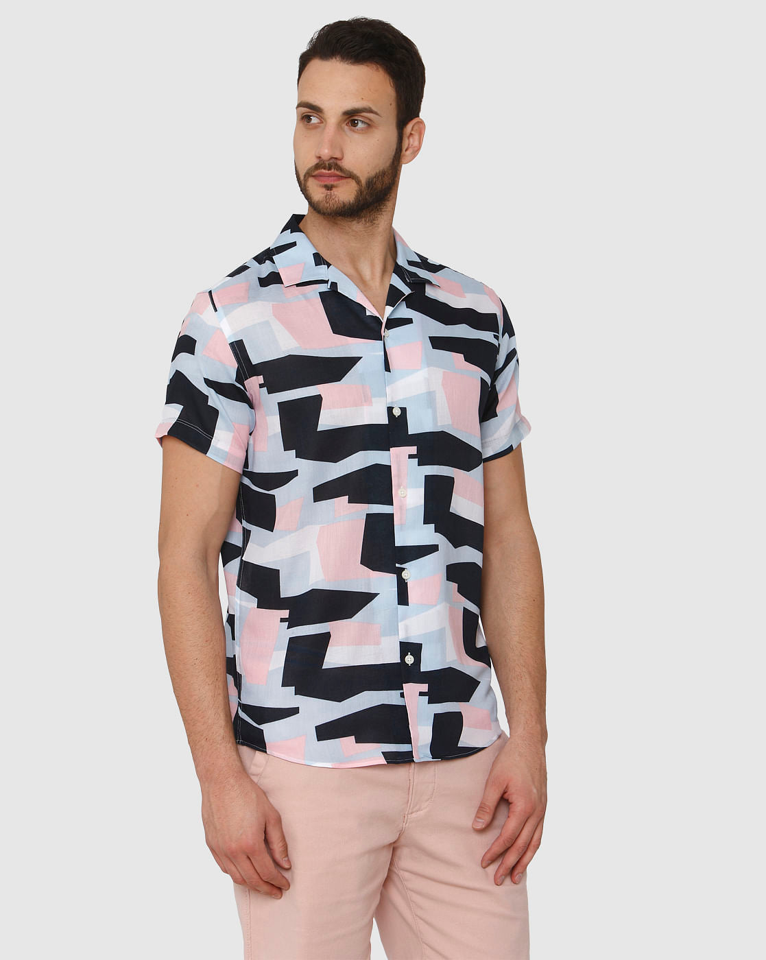 White Abstract Print Short Sleeves Shirt