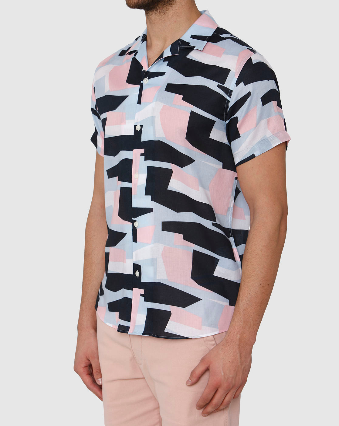 White Abstract Print Short Sleeves Shirt