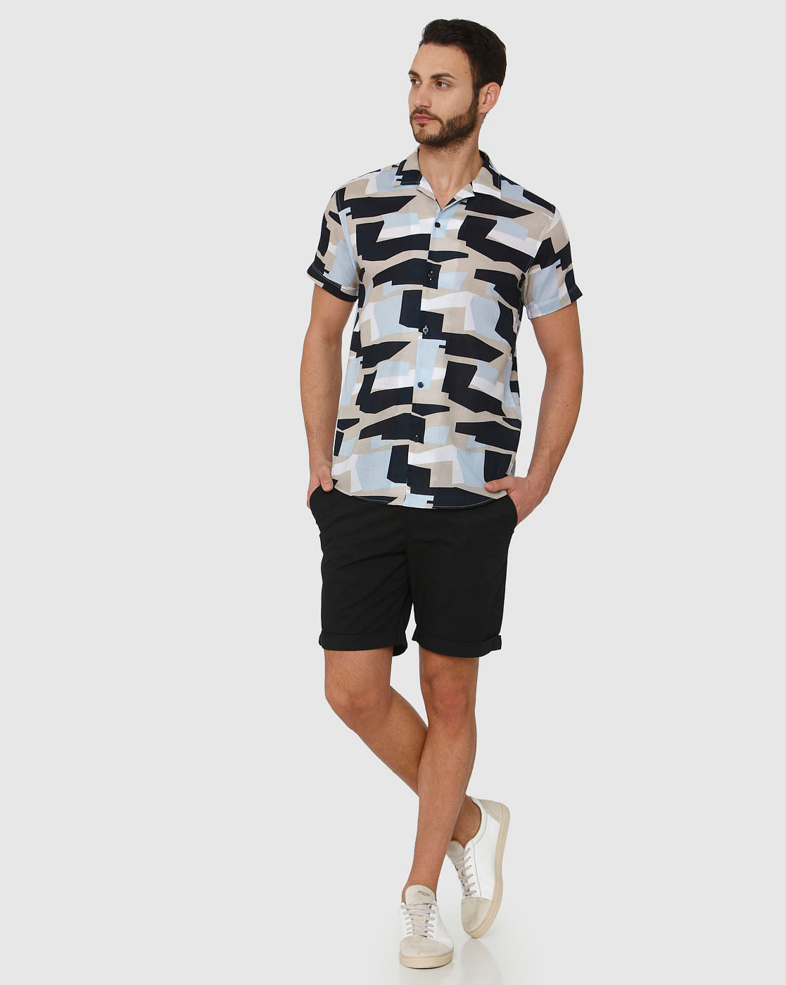 Blue Abstract Print Short Sleeves Shirt