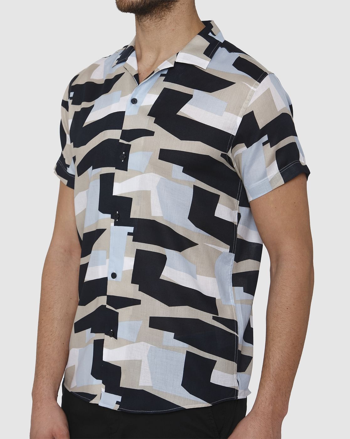 Blue Abstract Print Short Sleeves Shirt