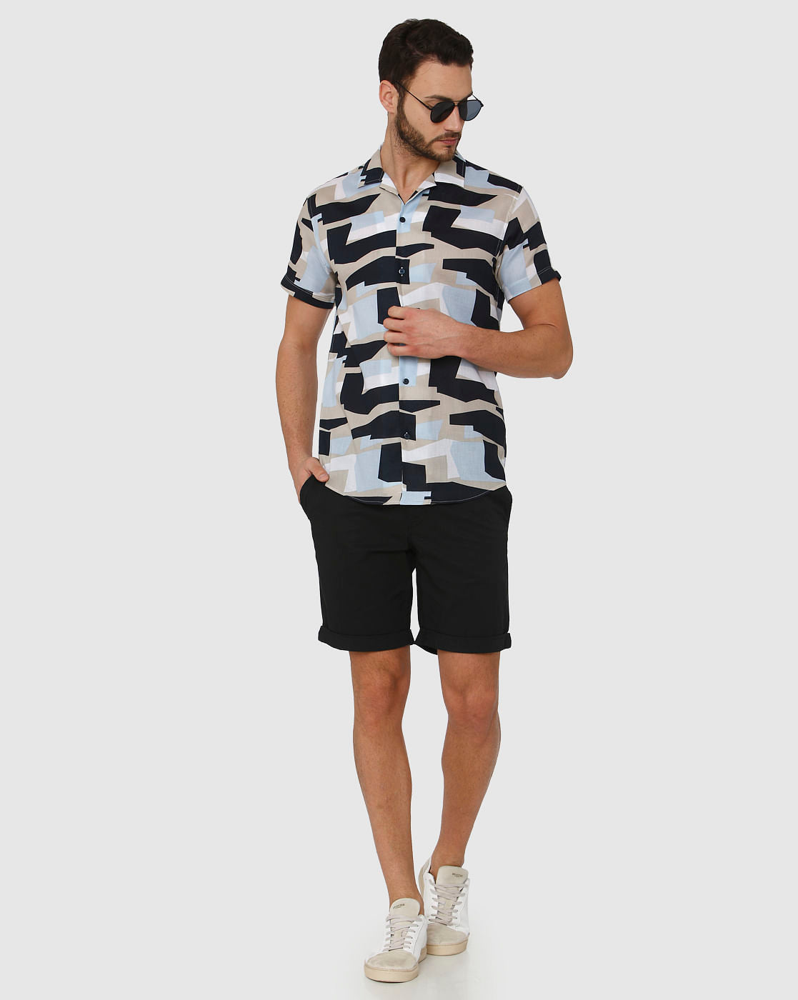 Blue Abstract Print Short Sleeves Shirt