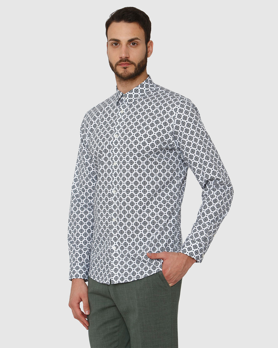 White All Over Print Full Sleeves Shirt