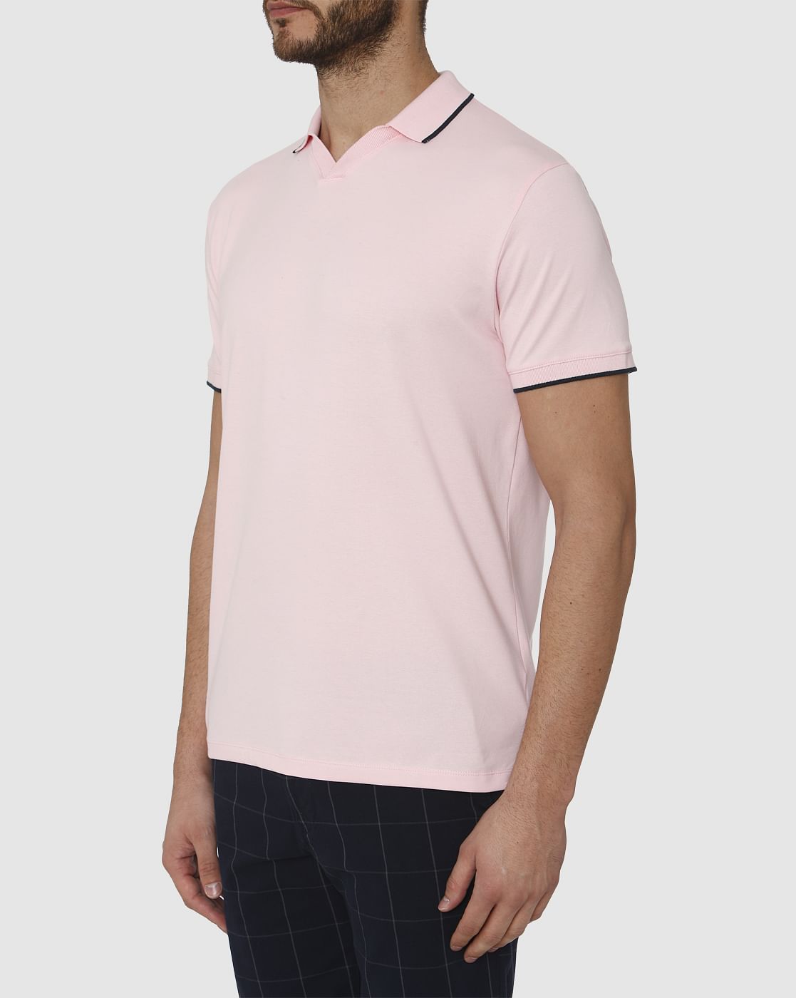 Pink Contrast Tipping Polo Neck T-Shirt