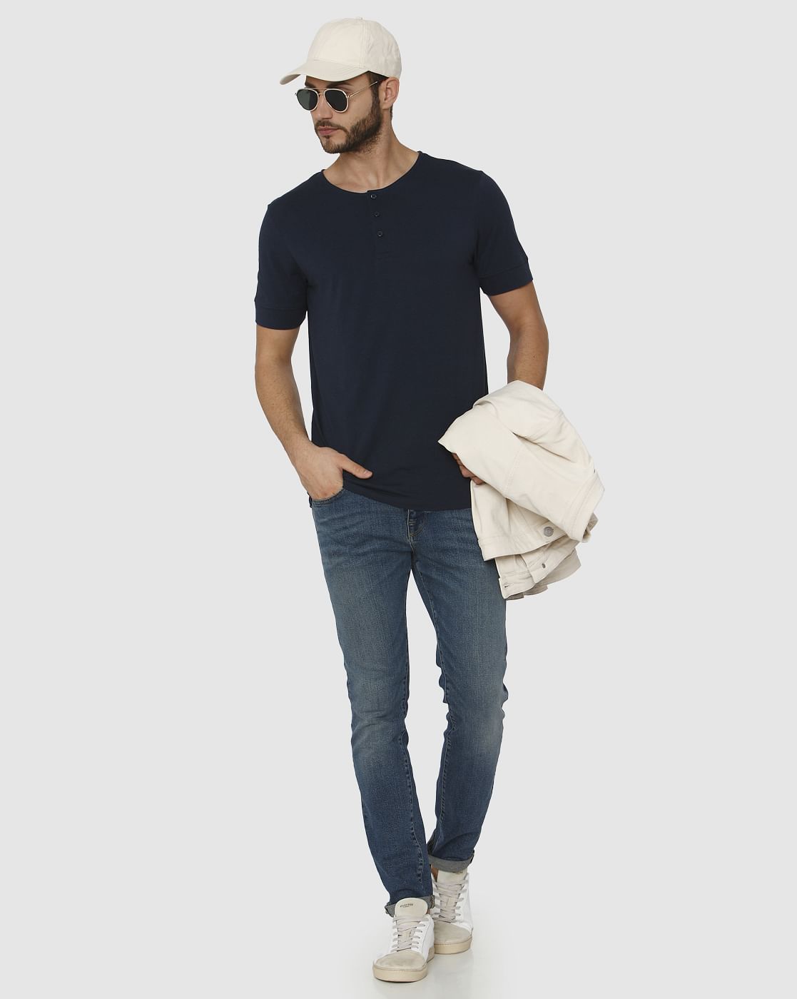 Navy Blue Henley Neck T-Shirt