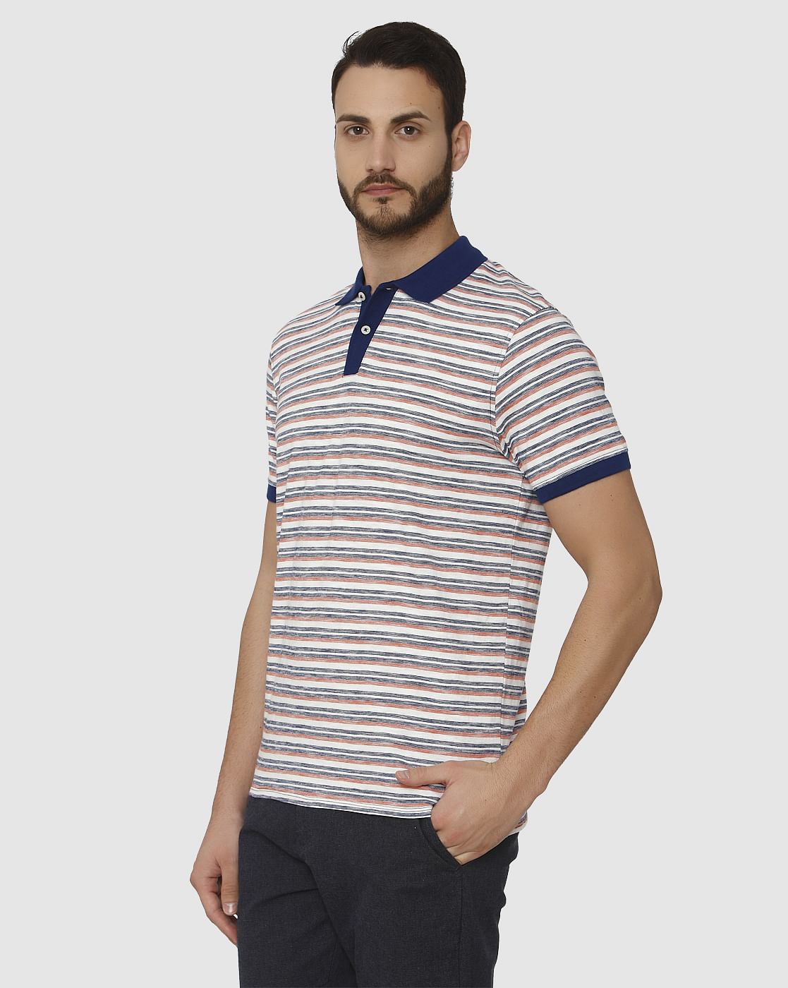 White Striped Contrast Tipping Polo Neck T-Shirt