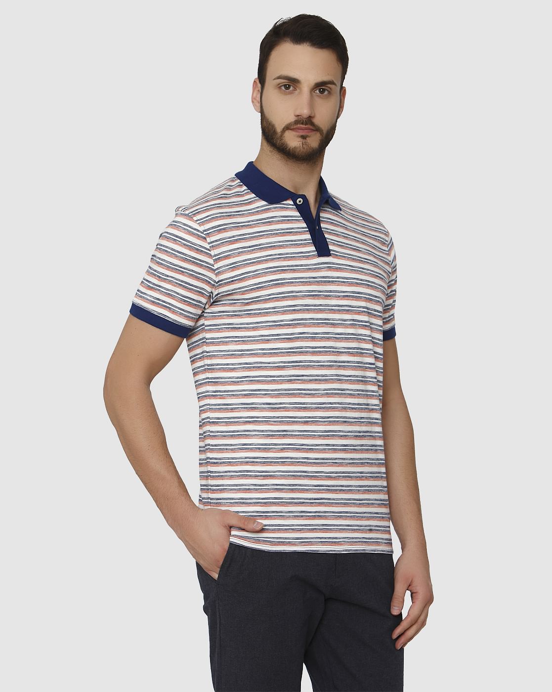 White Striped Contrast Tipping Polo Neck T-Shirt