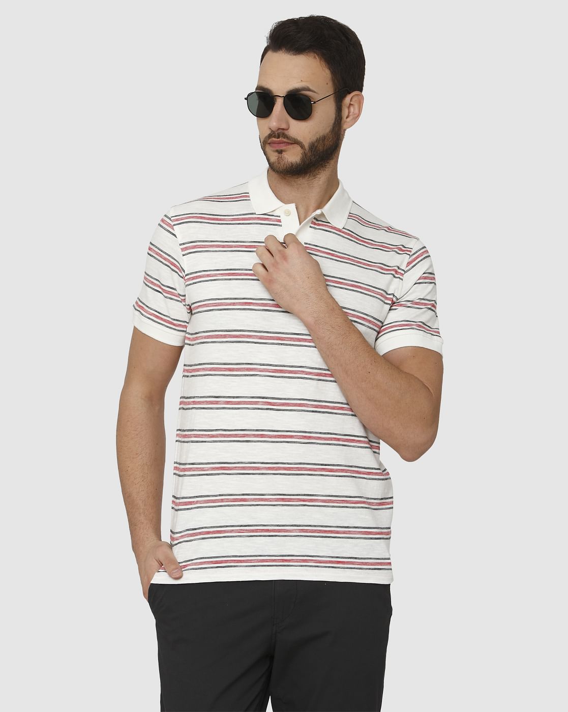 White Striped Polo Neck T-Shirt