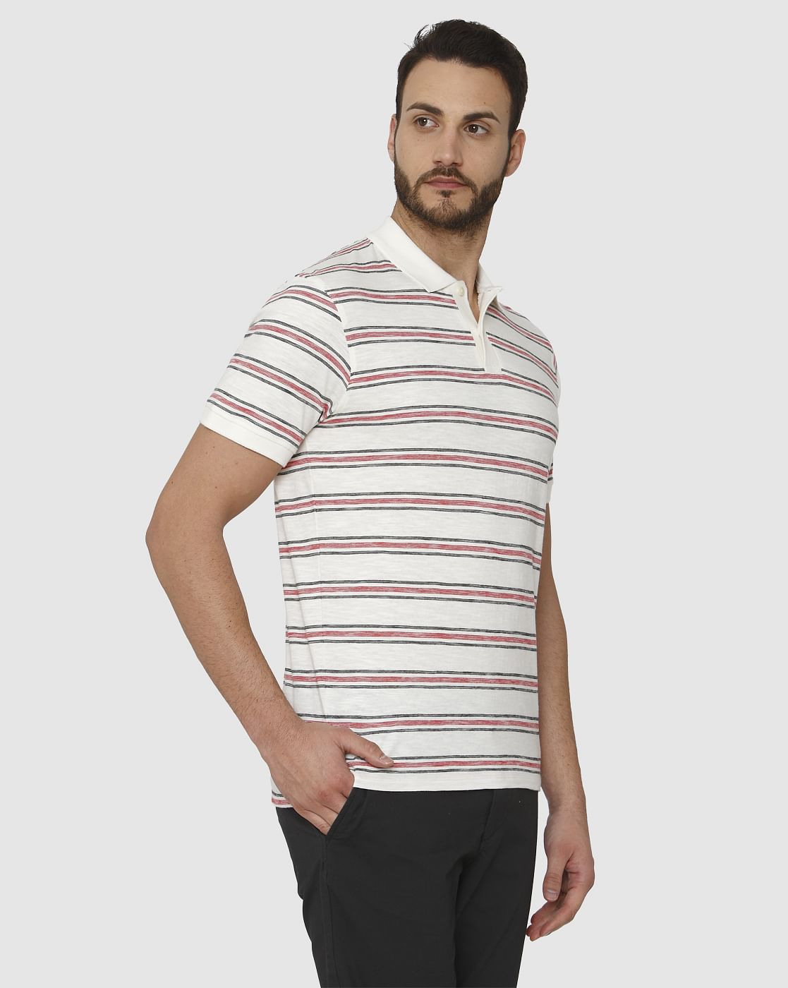 White Striped Polo Neck T-Shirt