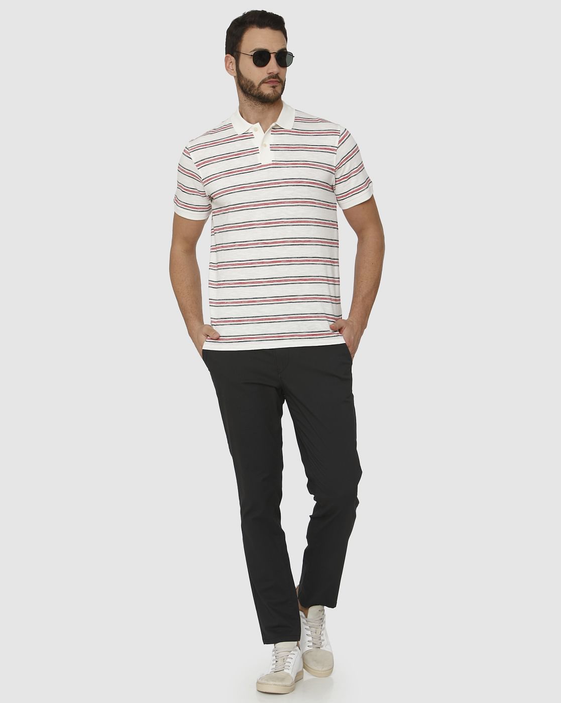 White Striped Polo Neck T-Shirt
