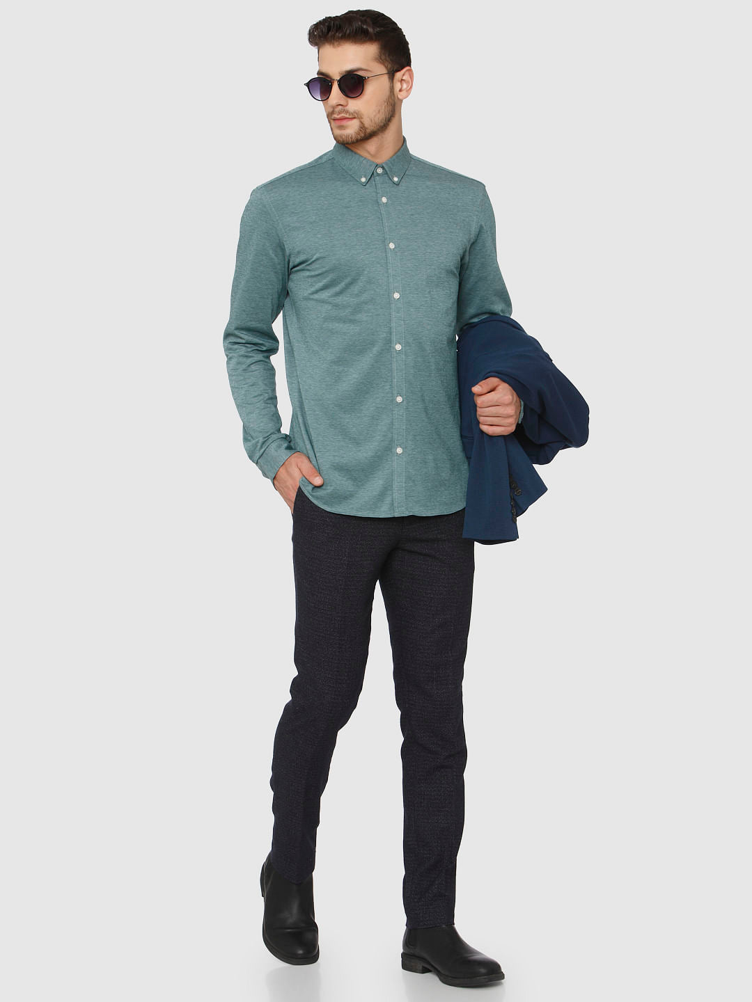 Green Self Design Full Sleeves Shirt
