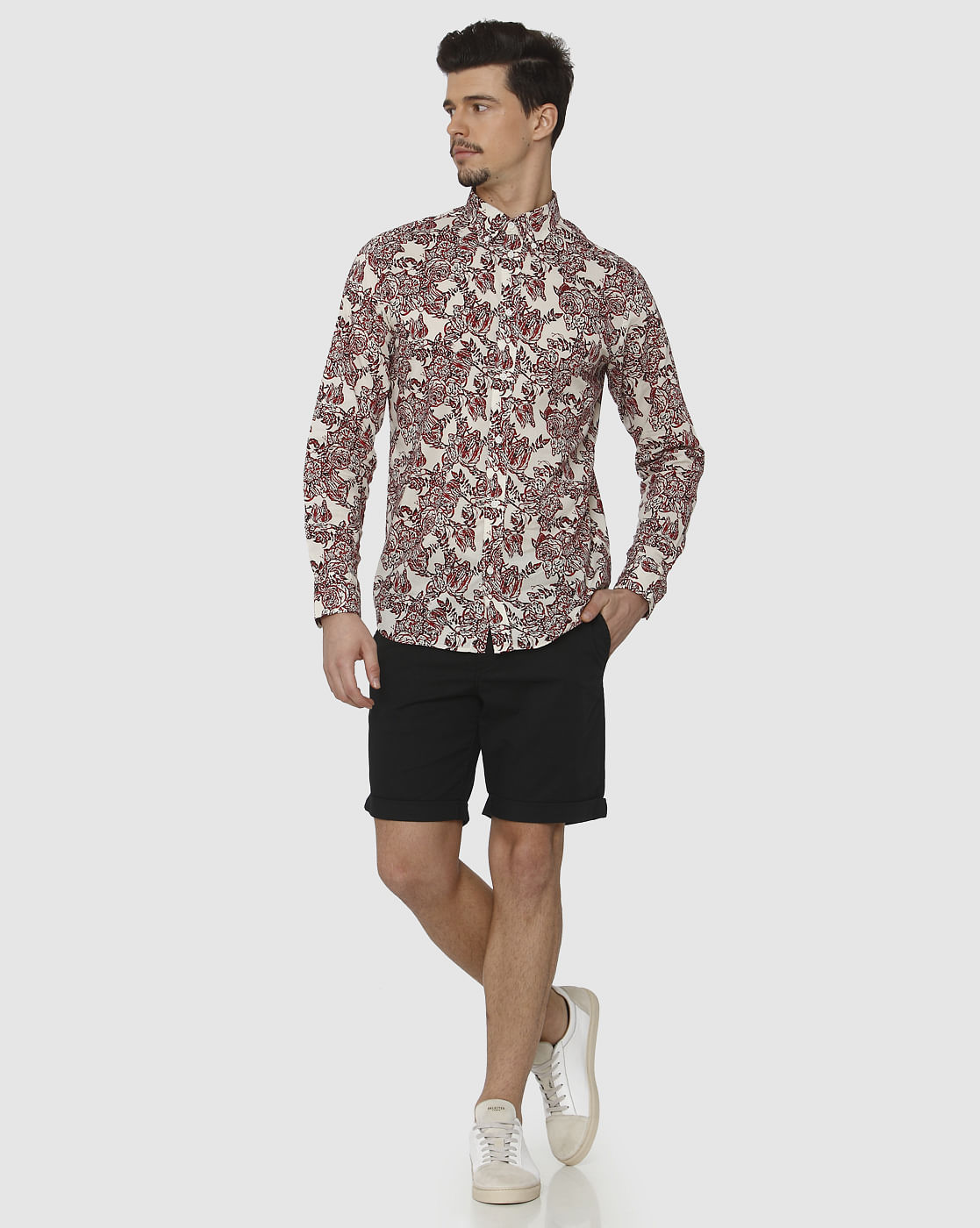 White All Over Floral Print Full Sleeves Shirt