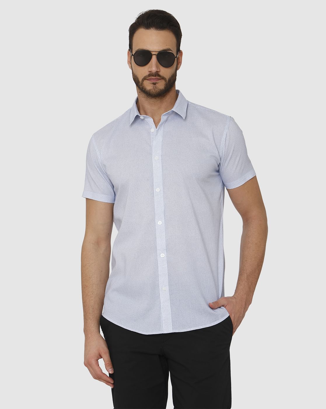 Light Blue Micro Ditsy Print Slim Fit Short Sleeves Shirt