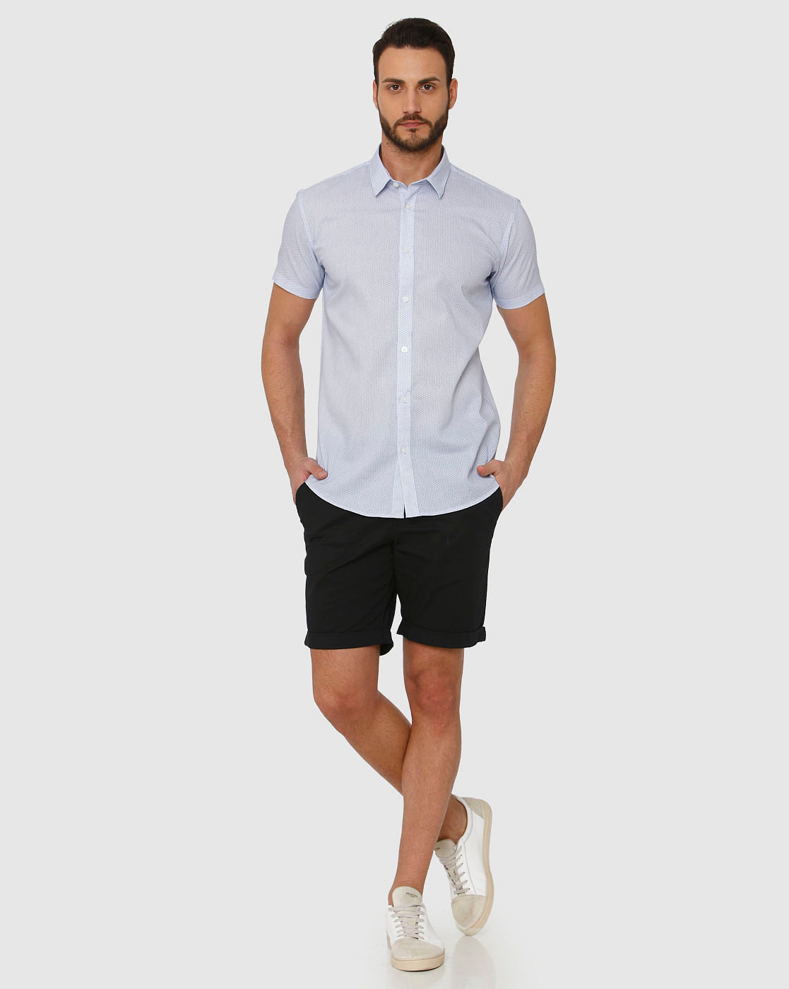 Light Blue Micro Ditsy Print Slim Fit Short Sleeves Shirt
