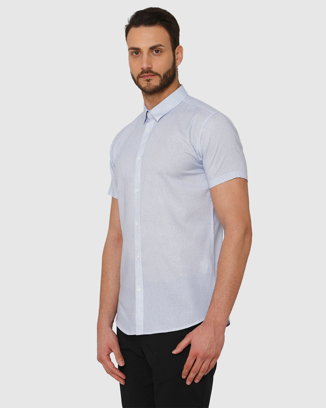Light Blue Micro Ditsy Print Slim Fit Short Sleeves Shirt
