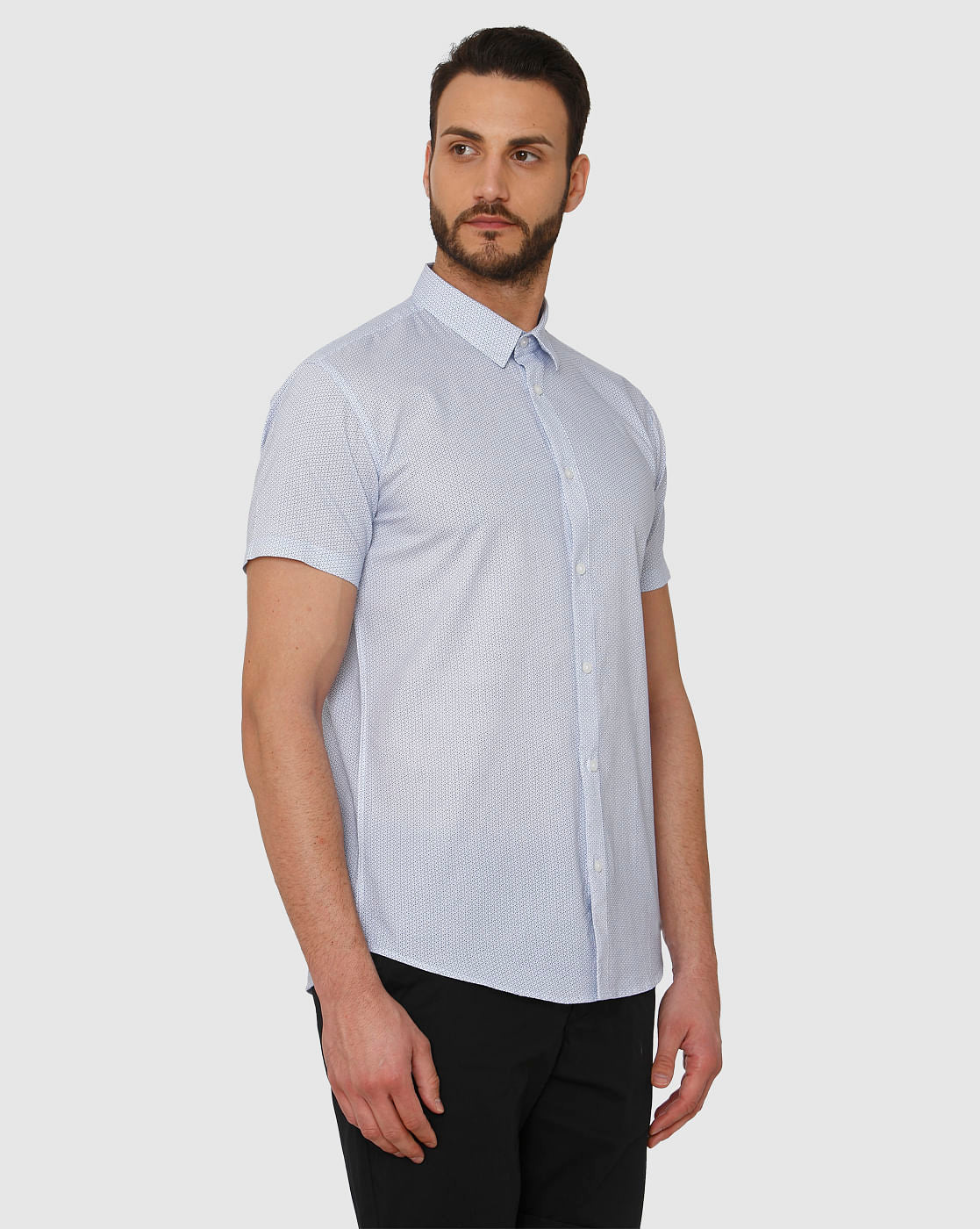 Light Blue Micro Ditsy Print Slim Fit Short Sleeves Shirt