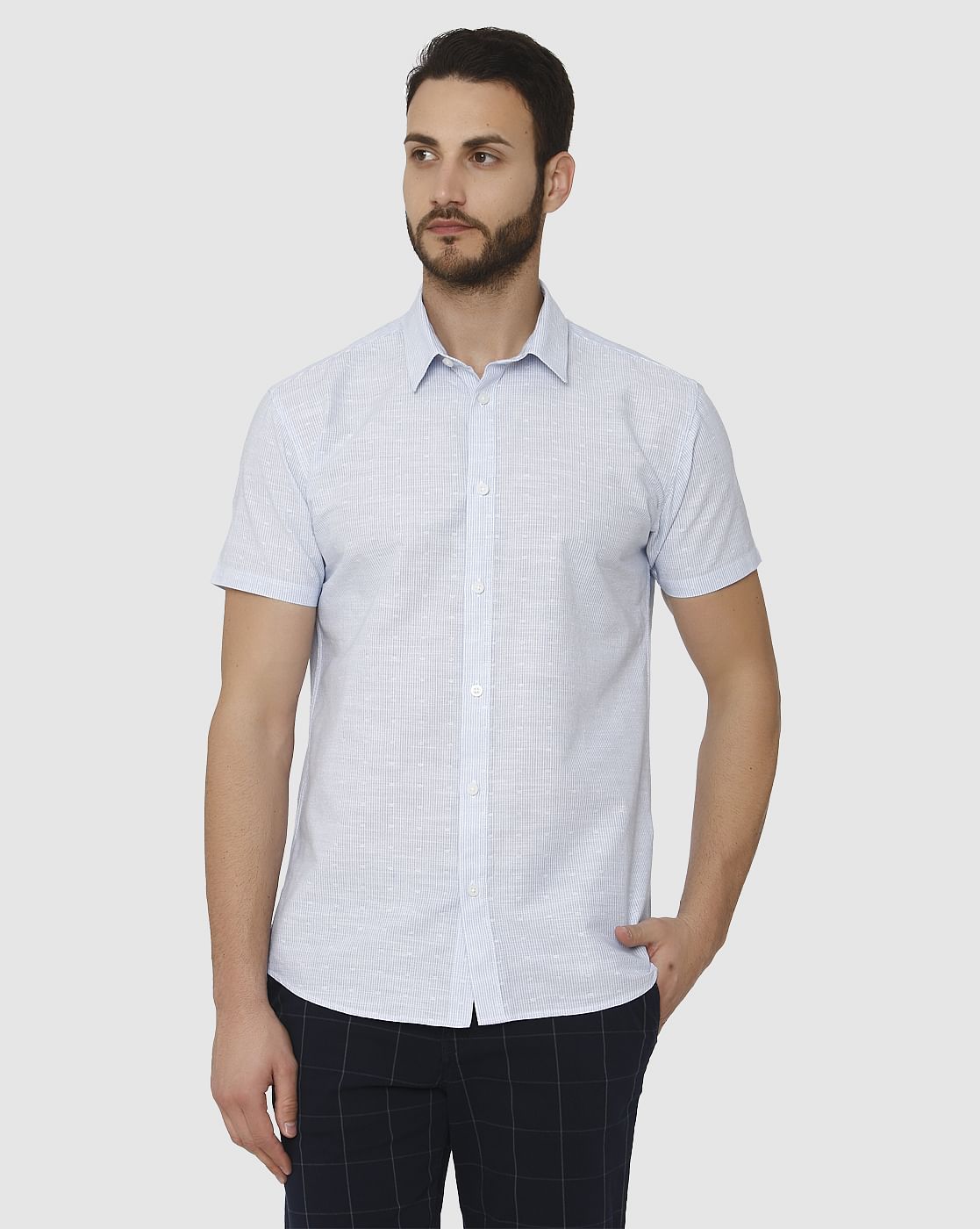 Light Blue Micro Ditsy Print Slim Fit Short Sleeves Shirt