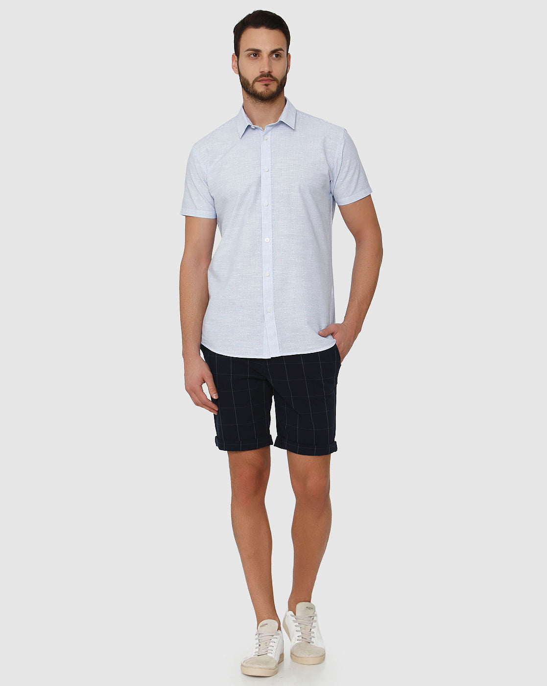 Light Blue Micro Ditsy Print Slim Fit Short Sleeves Shirt