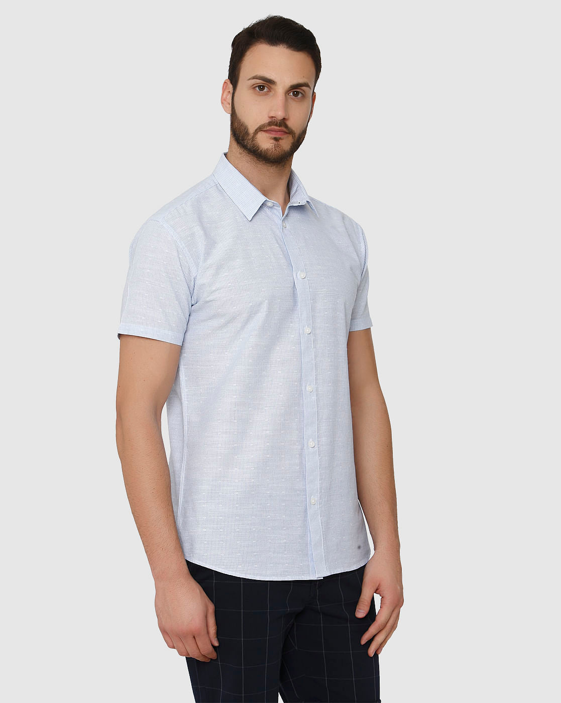 Light Blue Micro Ditsy Print Slim Fit Short Sleeves Shirt