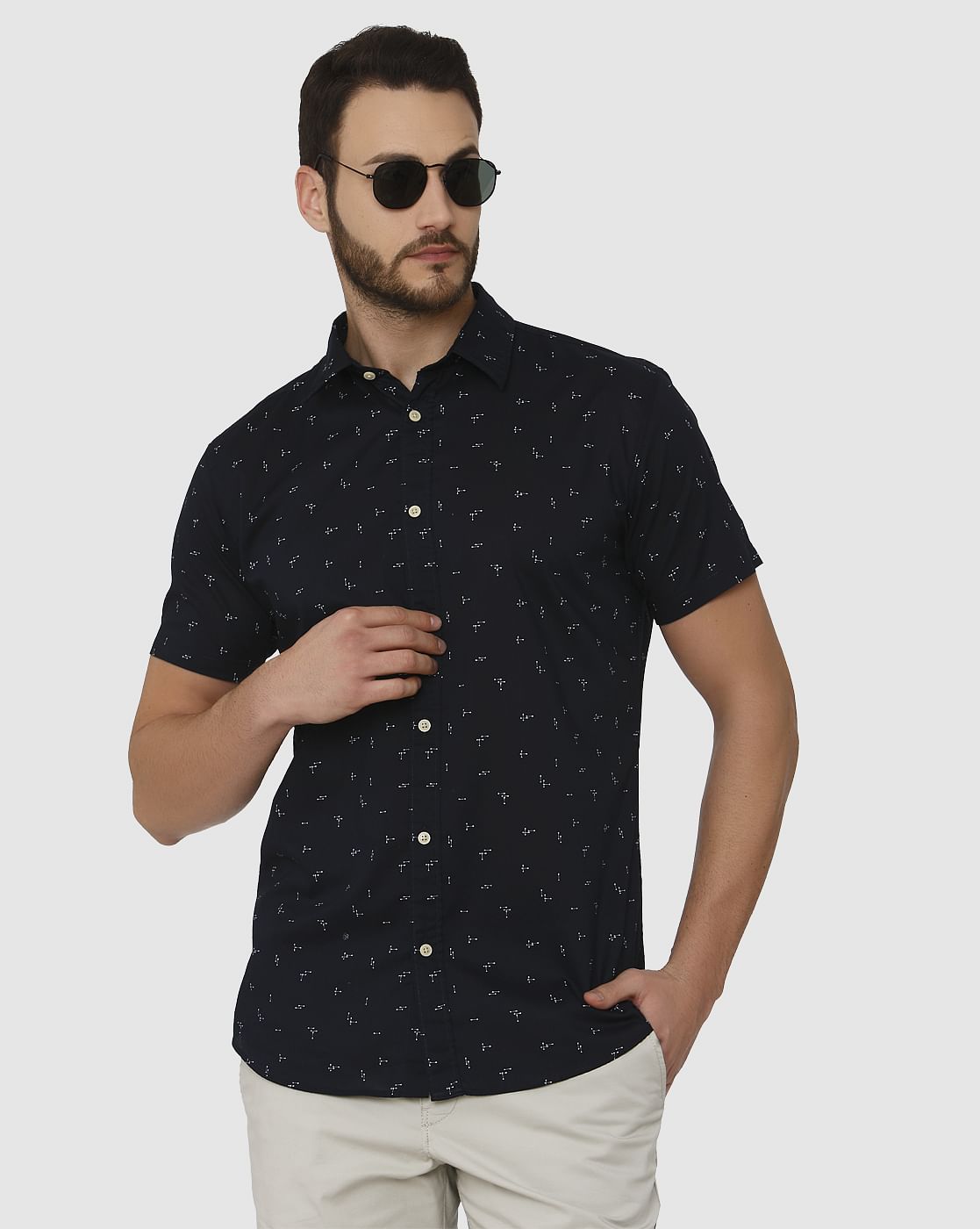 Navy Blue All Over Printed Regular Fit Short Sleeves Shirt