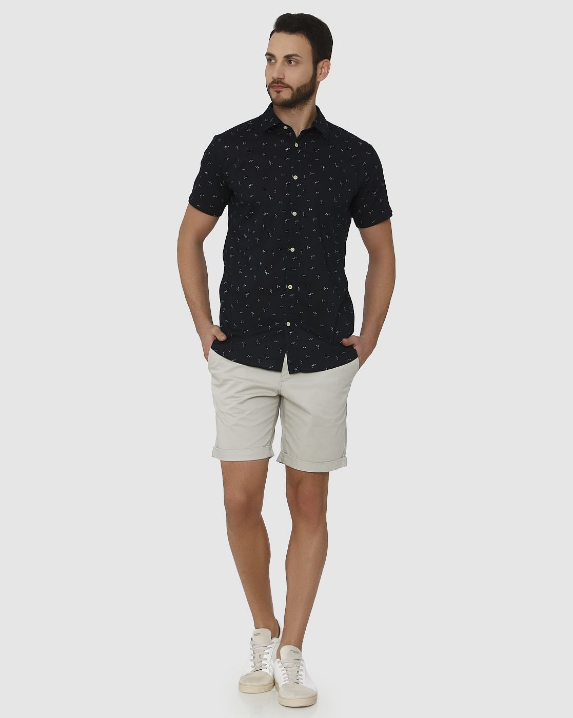 Navy Blue All Over Printed Regular Fit Short Sleeves Shirt