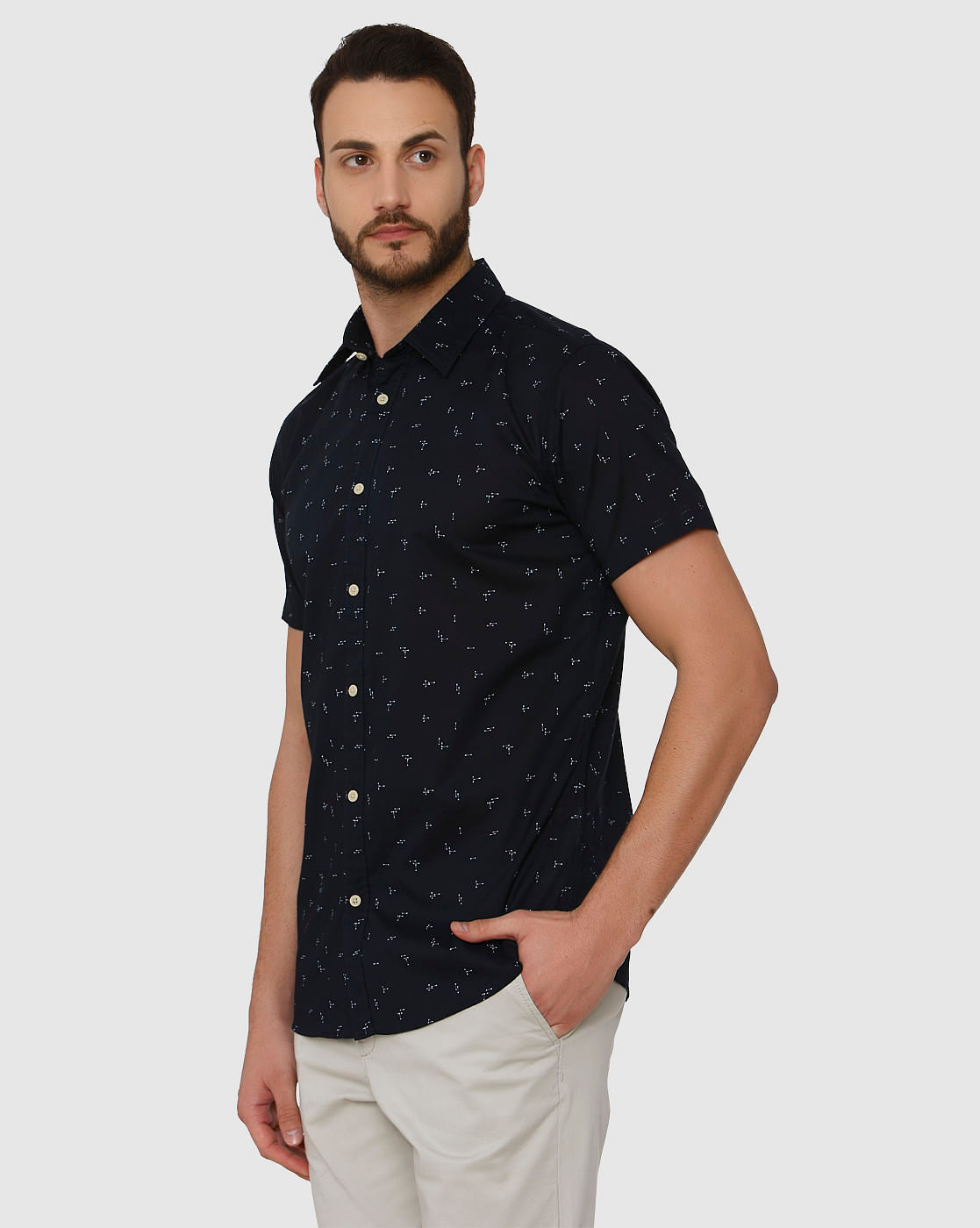 Navy Blue All Over Printed Regular Fit Short Sleeves Shirt