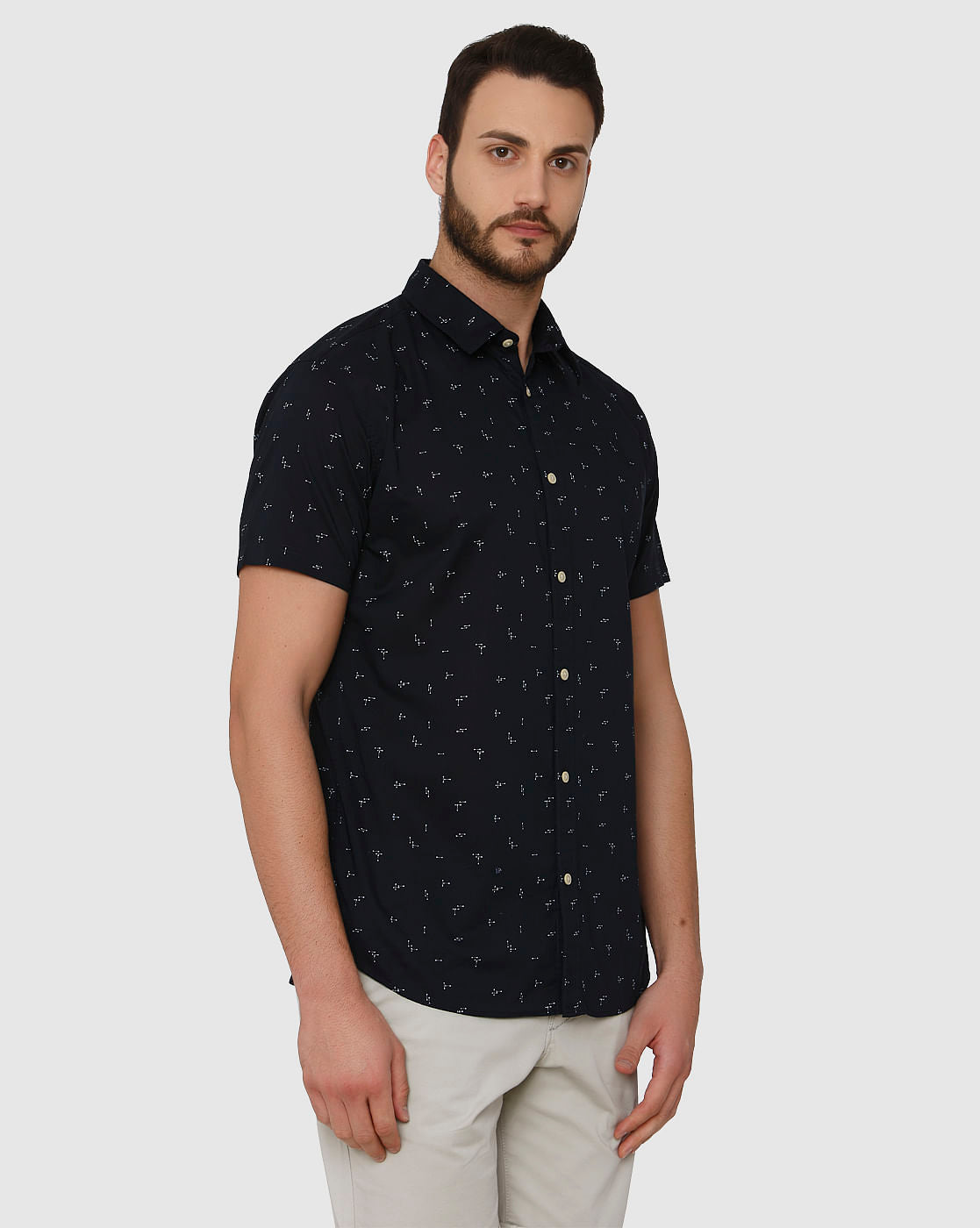 Navy Blue All Over Printed Regular Fit Short Sleeves Shirt