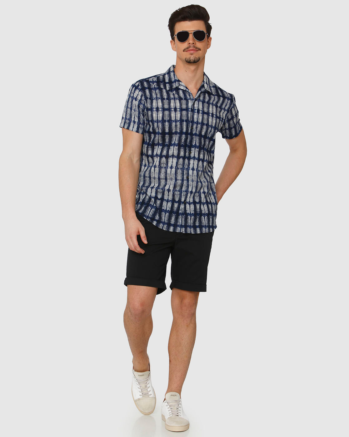 Blue All Over Print Regular Fit Short Sleeves Shirt