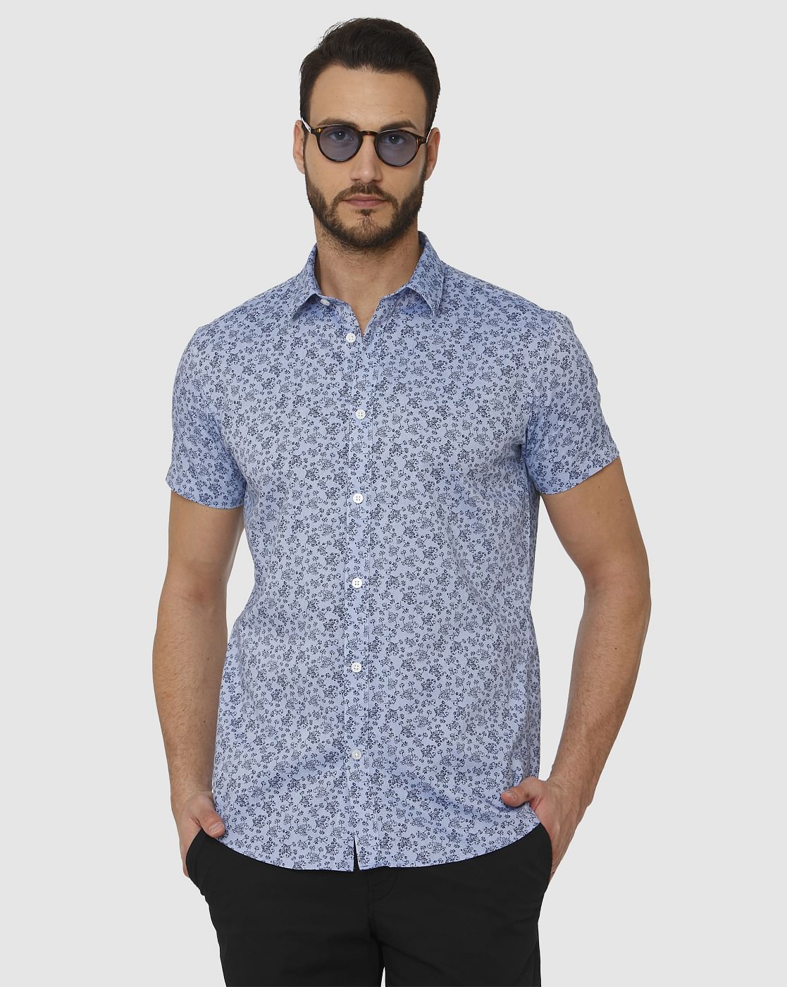 Blue All Over Floral Print Slim Fit Short Sleeves Shirt