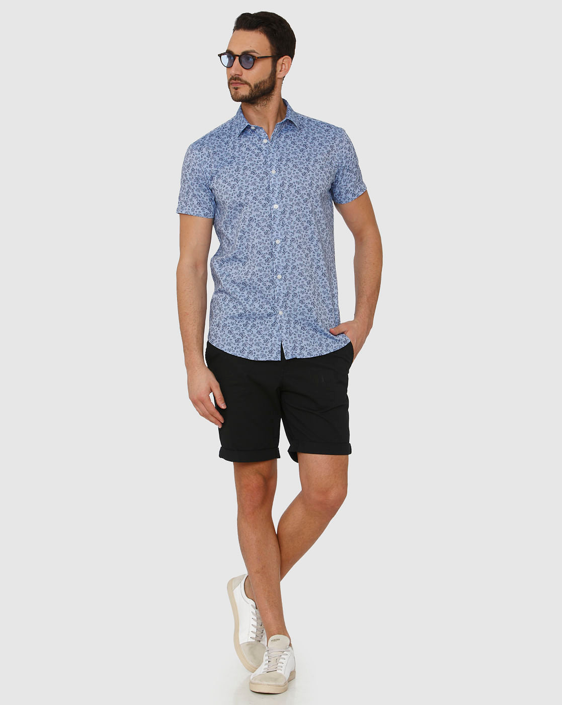 Blue All Over Floral Print Slim Fit Short Sleeves Shirt