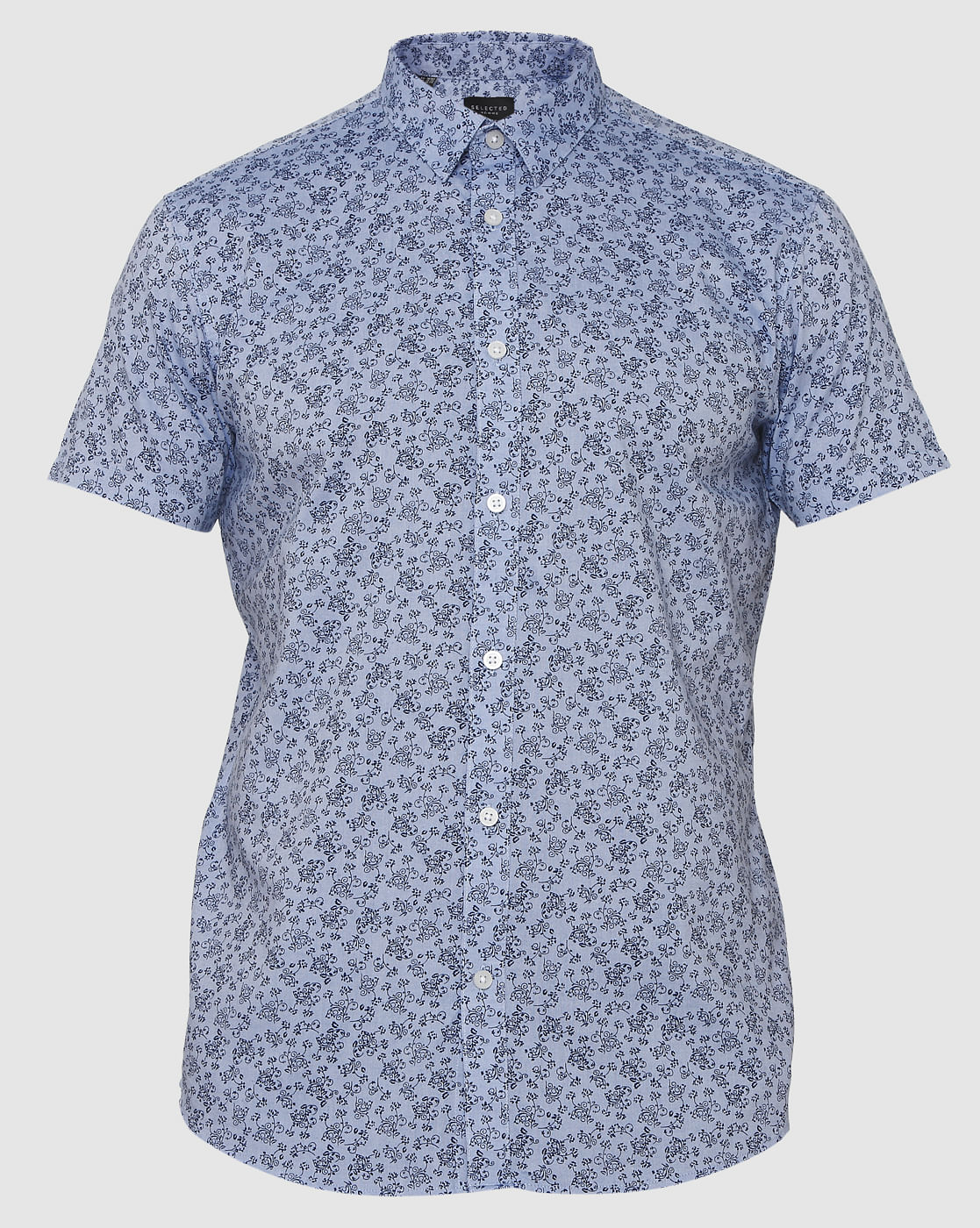 Blue All Over Floral Print Slim Fit Short Sleeves Shirt