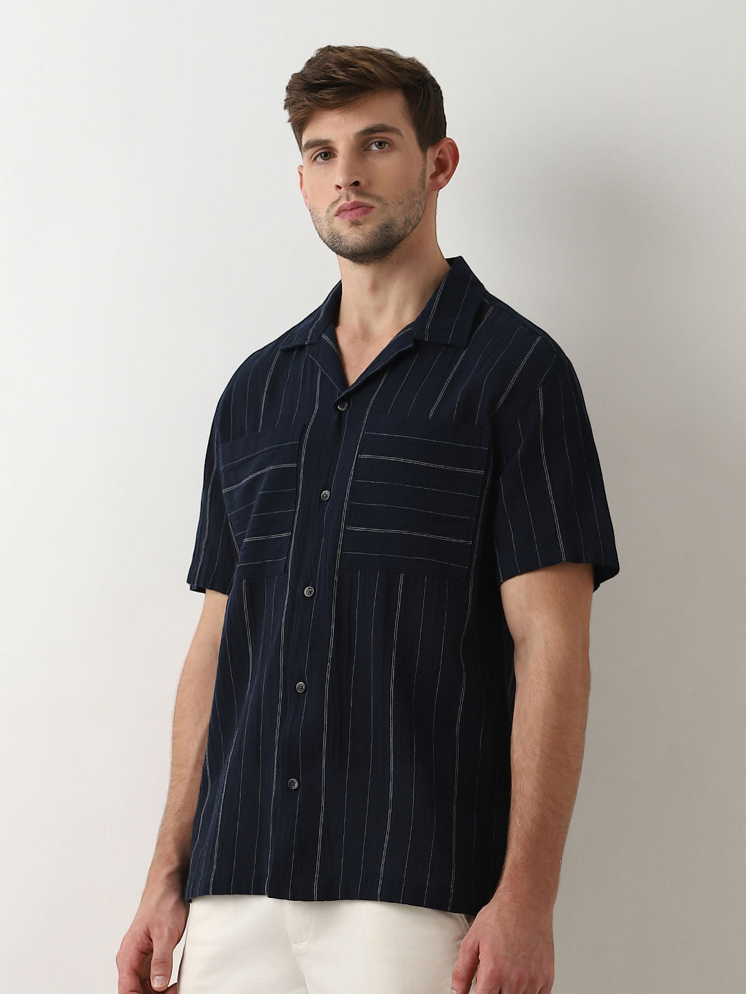 Dark Blue Striped Cuban Collar Shirt