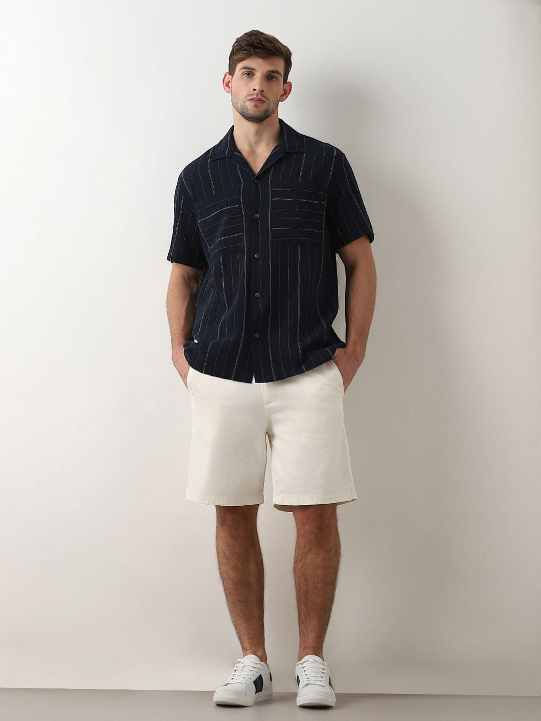 Dark Blue Striped Cuban Collar Shirt
