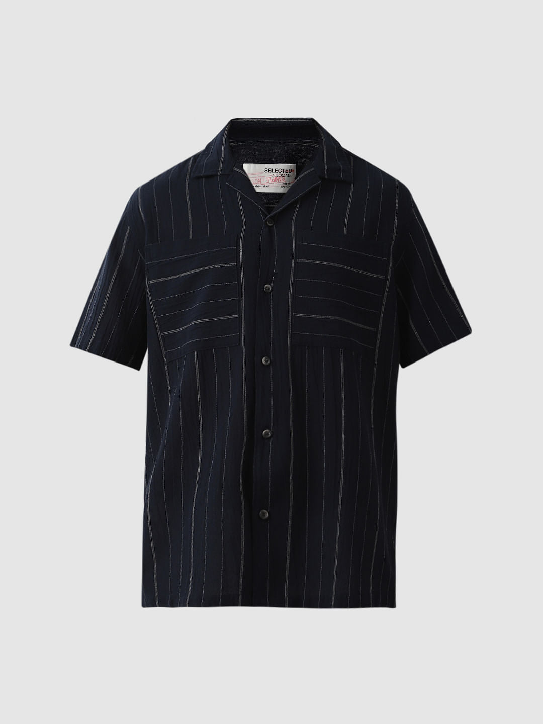 Dark Blue Striped Cuban Collar Shirt