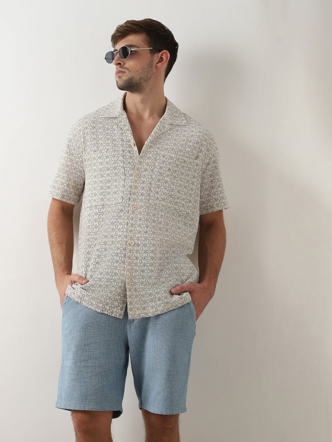 Beige Printed Cuban Collar Short Sleeves Shirt