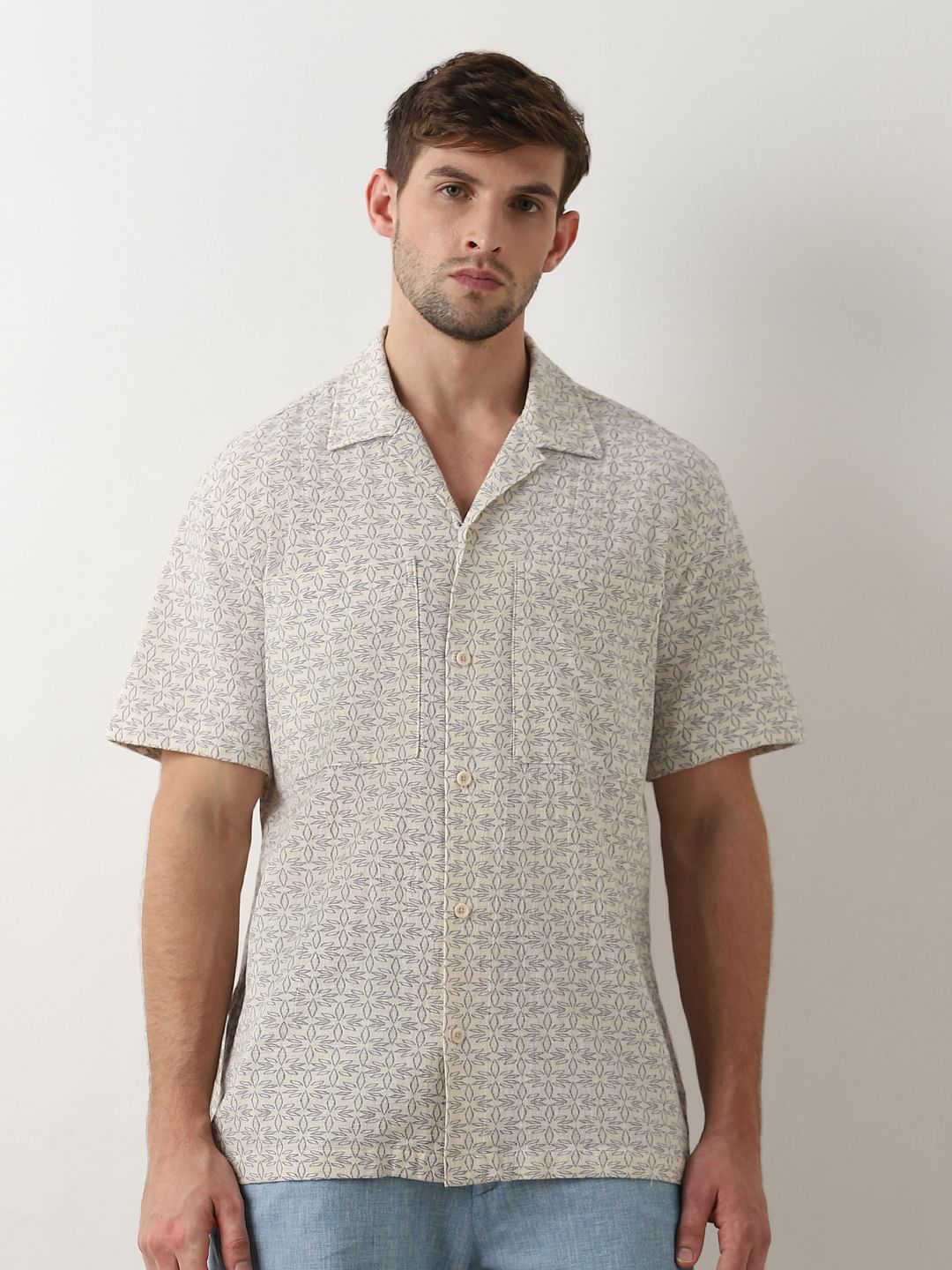 Beige Printed Cuban Collar Short Sleeves Shirt