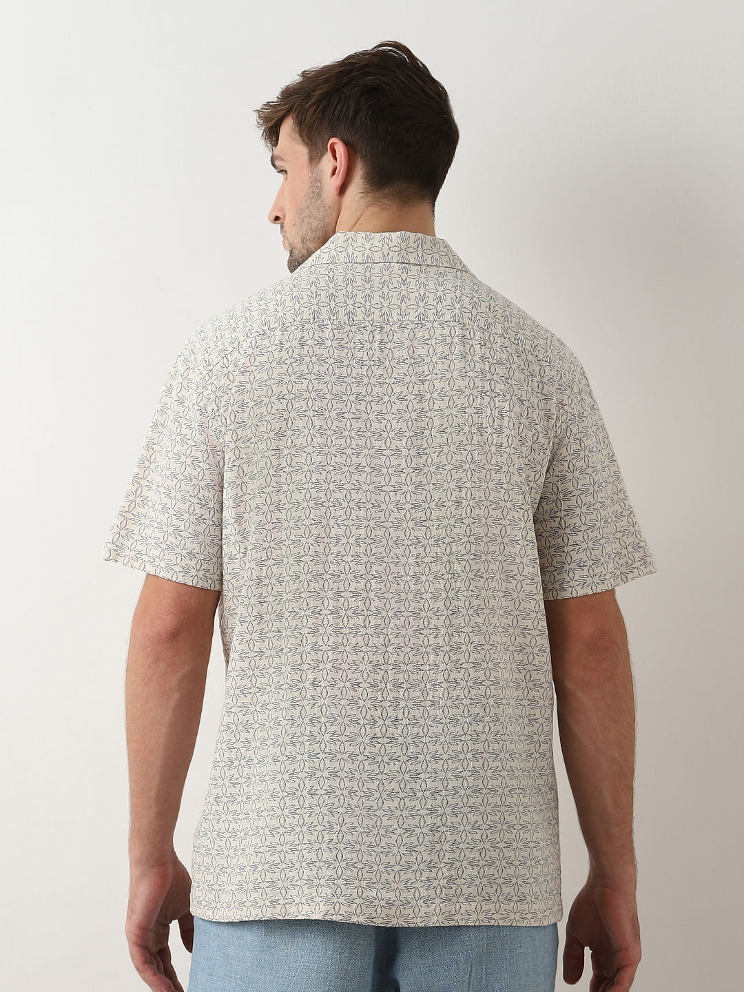 Beige Printed Cuban Collar Short Sleeves Shirt